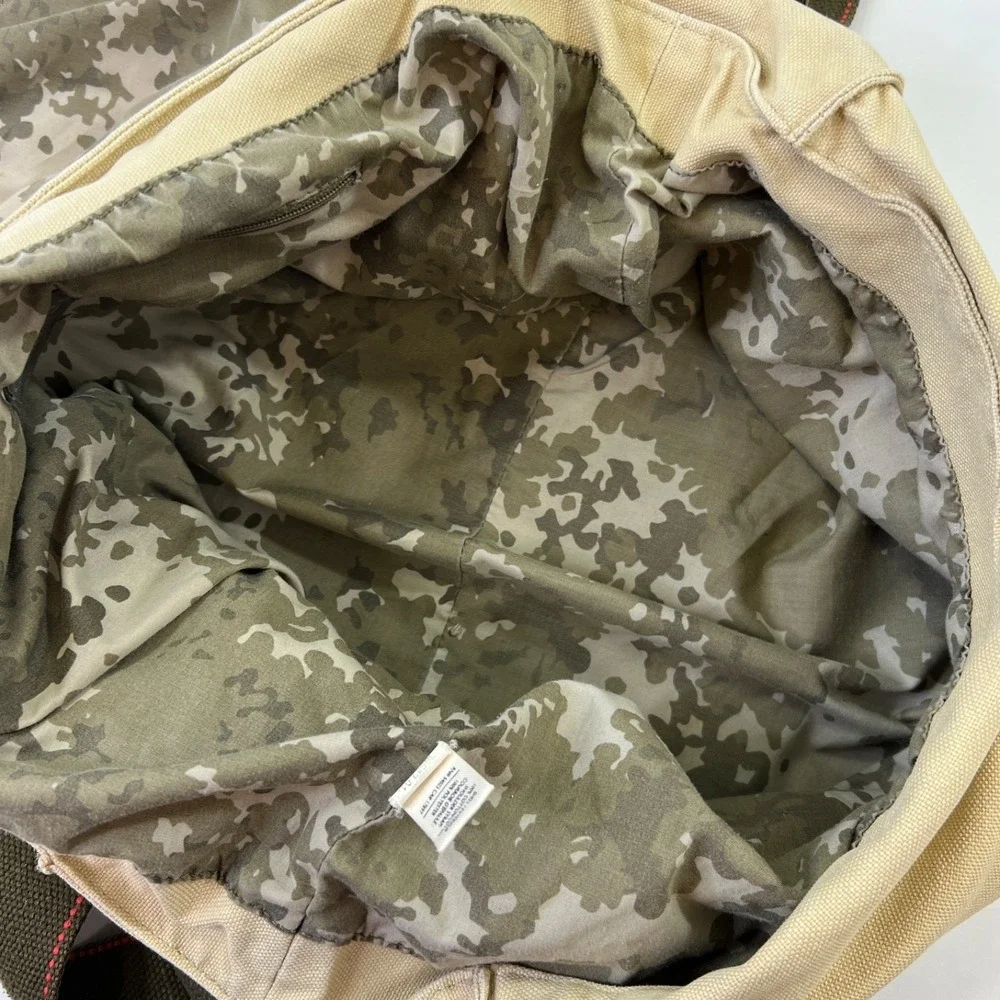 Old Navy Beige Canvas Messenger Bag Camo Lining Leather Tabs Distressed Adjustbl
